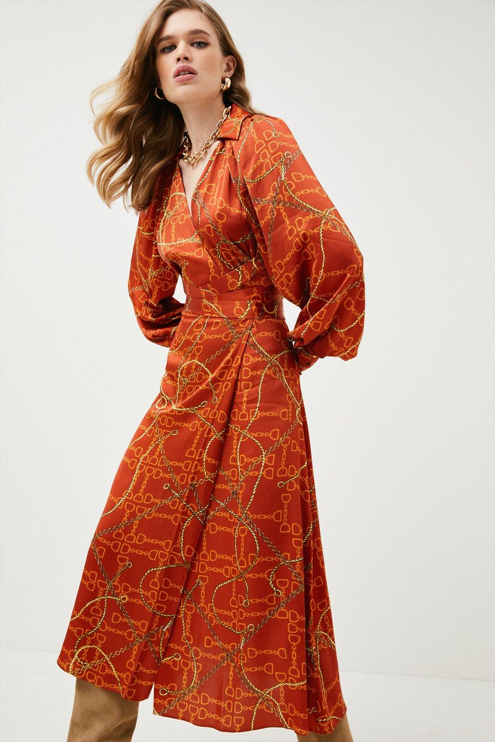 Chain Print Wrap Front Woven Midi Dress ...